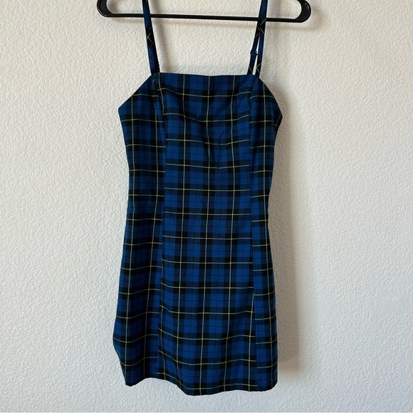 Empyre 90s Blue, Black Plaid Mini Punk Rock Spaghetti Strap, Zipper Back Dress - Picture 2 of 6